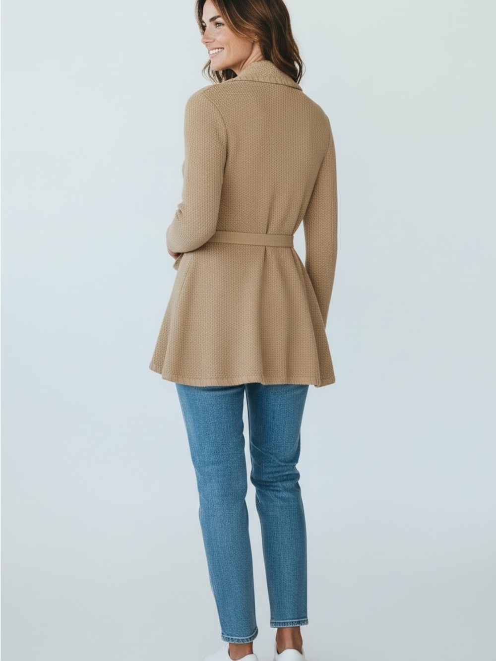 Lauren Ralph Lauren Camel Tie-Waist Textured Shawl-Collar Cardigan - Picture 2 of 7